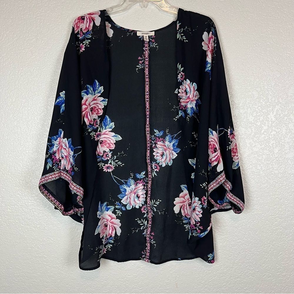 Meraki Open Front Black Floral kimono Embroidered Trim size XL